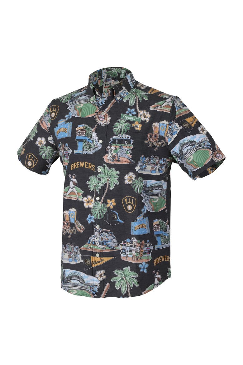 Men's Reyn Spooner Navy Milwaukee Brewers Big & Tall Scenic Performance Tri-Blend Aloha Button-Down Shirt, Alternate, color, Navy