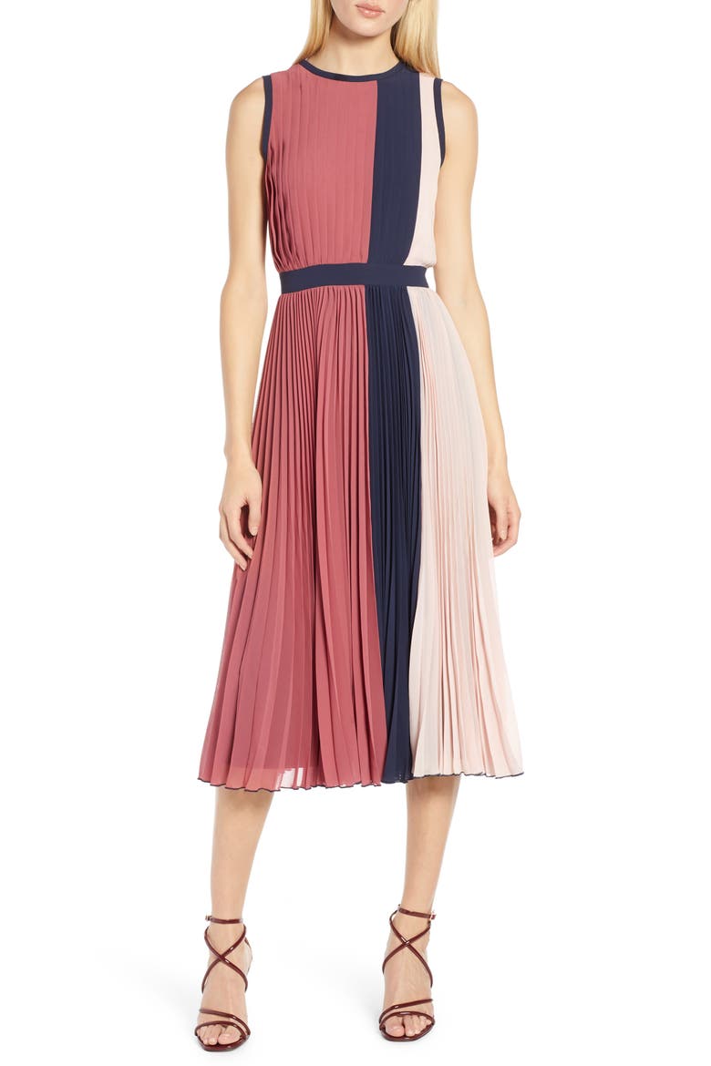 x Atlantic-Pacific Colorblock Pleated Midi Dress, Main, color, PINK- NAVY COLORBLOCK