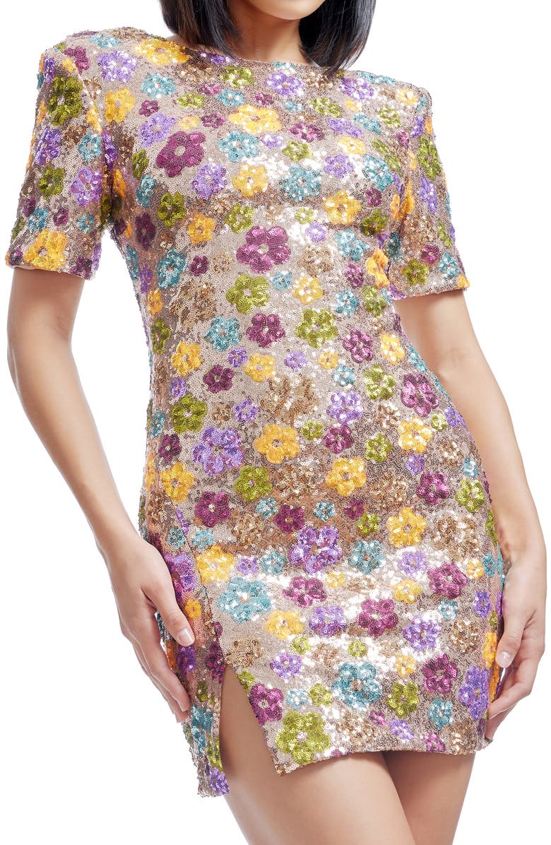 Dress the Population Maddox Sequin Floral Cocktail Minidress, Alternate, color, Gold Multi