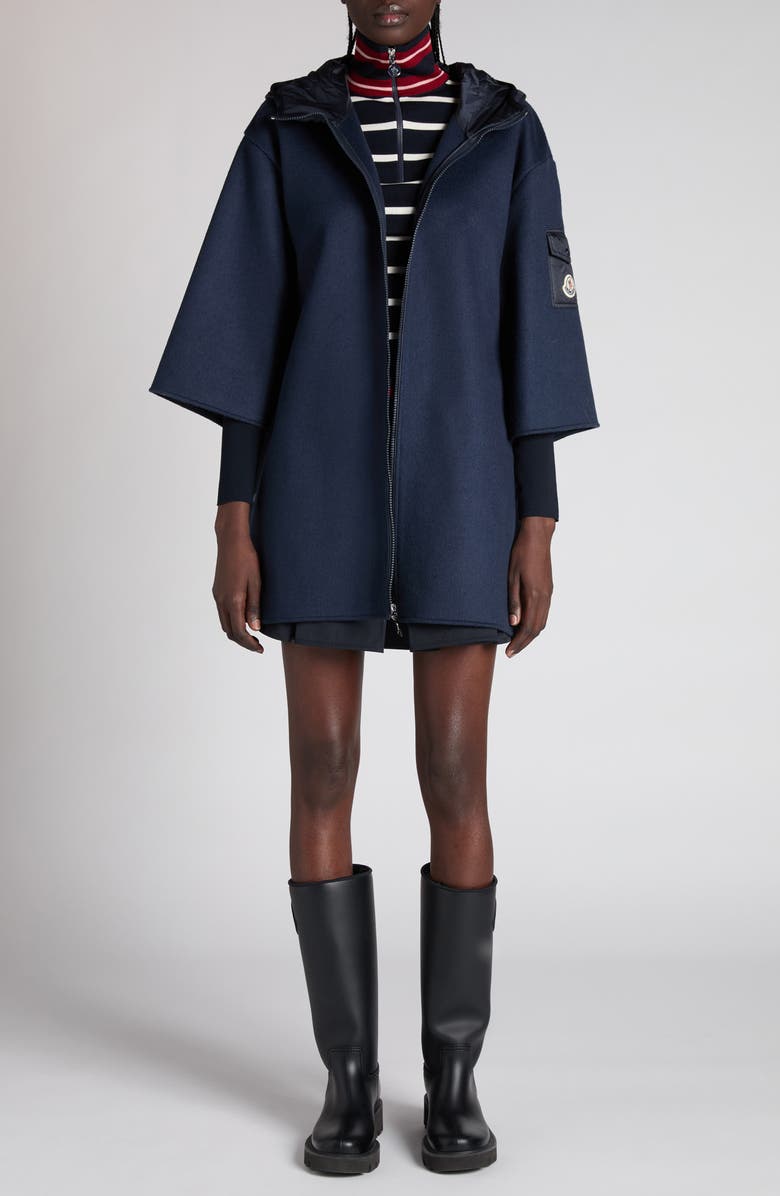 Moncler Wool Blend Felt Hooded Cape, Alternate, color, Navy