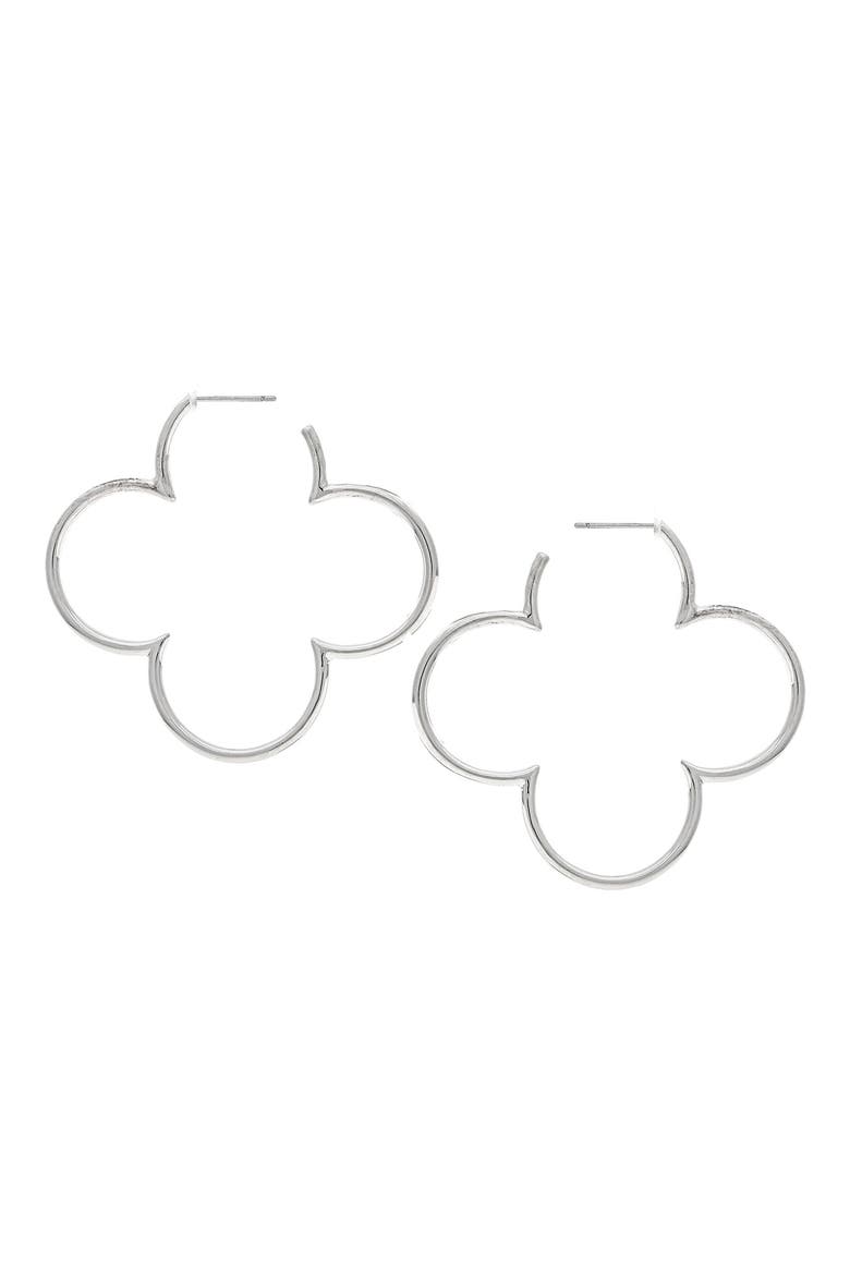 White Rhodium Plated Clover Hoop Earrings, Main, color, WHITE RHODIUM