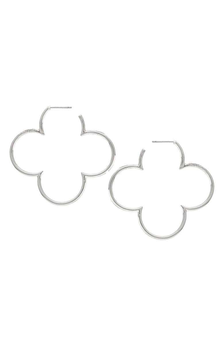 RIVKA FRIEDMAN White Rhodium Plated Clover Hoop Earrings, Main, color, White Rhodium