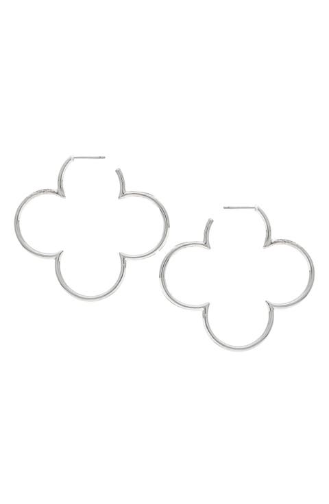 White Rhodium Plated Clover Hoop Earrings