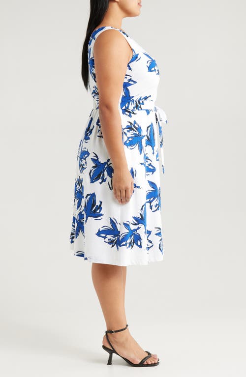 Anne Klein Plus Size Floral-print Linen-blend Fit & Flare Dress In Santorini Blue Multi