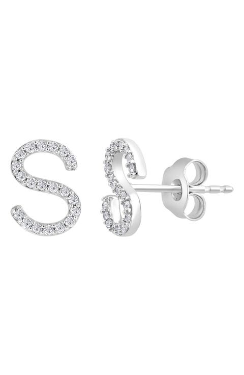 Sterling Silver Diamond 'S' Initial Stud Earrings