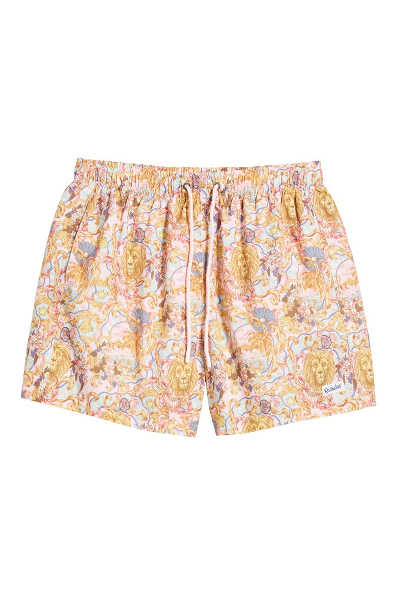 Leo Lion Print Premium Mid Length Swim Trunks, Alternate, color, PINK
