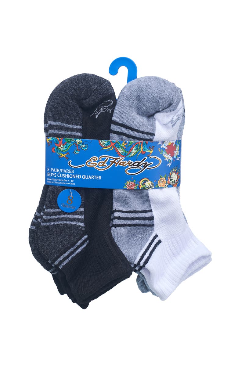 Ed Hardy Boys Athletic Half Cushion Quarter Sock 8-Pack, Alternate, color, Black White Grey