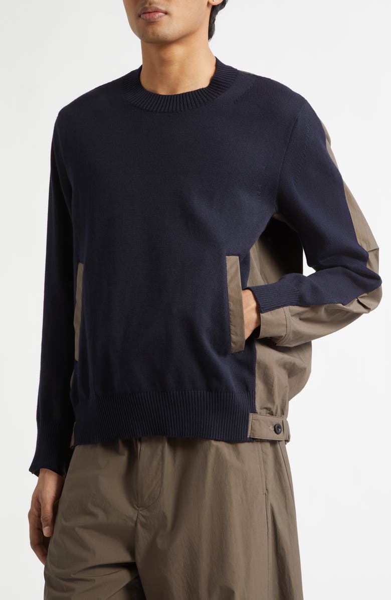 Sacai Cotton Typewriter Panel Sweater, Alternate, color, Navy/ Taupe