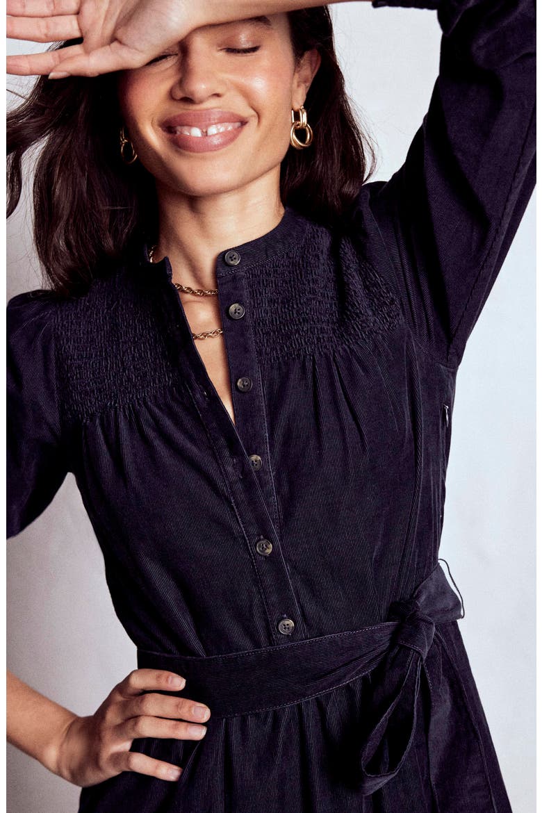 Cecily Belted Long Sleeve Cotton Corduroy Midi Dress, Alternate, color, NAVY