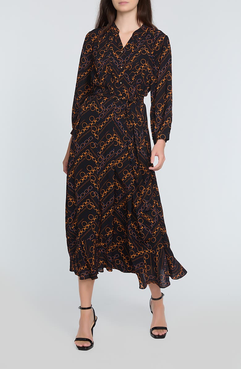 Elie Tahari The Mila Chain Print Pleated Long Sleeve Stretch Silk Midi Dress, Alternate, color, 