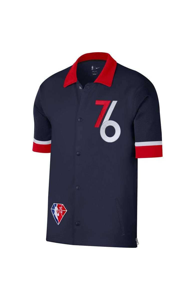 Nike Men's Nike Navy/Red Philadelphia 76ers 2021/22 City Edition Therma Flex Showtime Short Sleeve Full-Snap Collar Jacket, Alternate, color, 