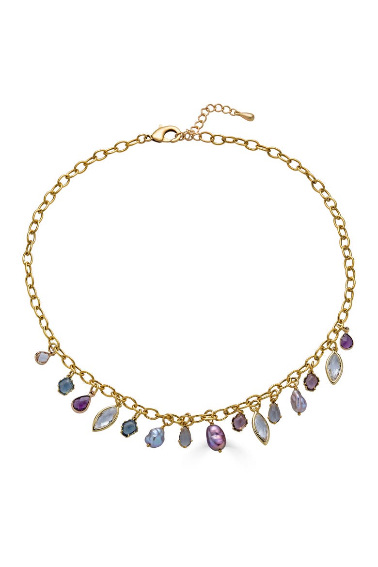Colorful Gemstone and Pearl Charm Necklace, Main, color, Gold