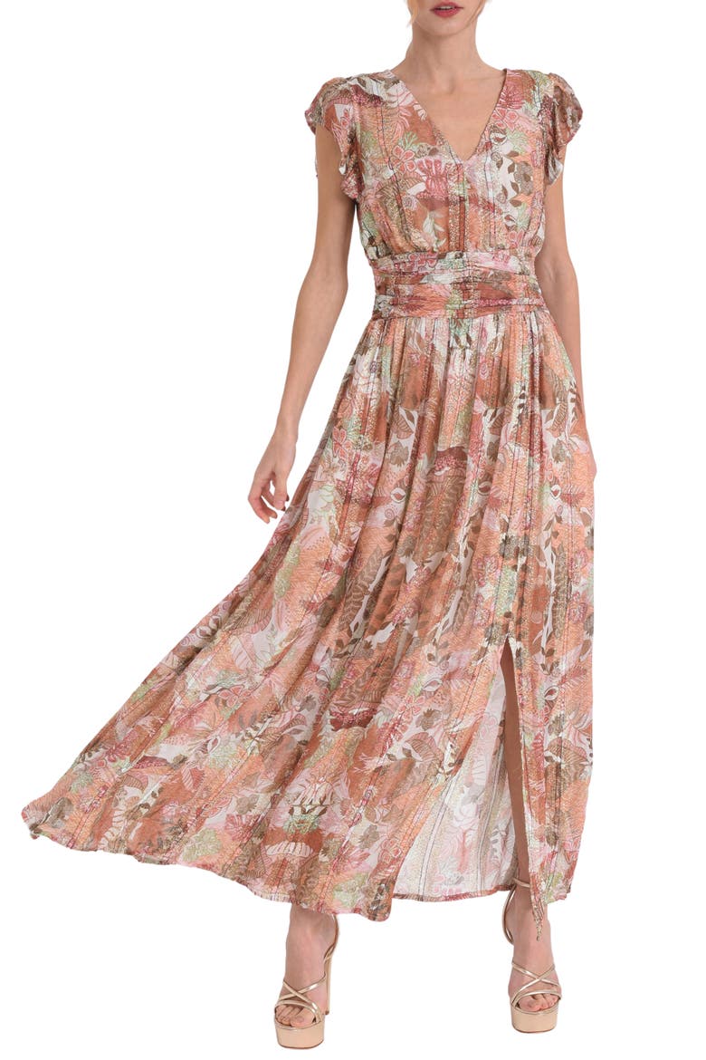Jennsen Ruched Flutter Sleeve Maxi Dress, Main, color, BROWN