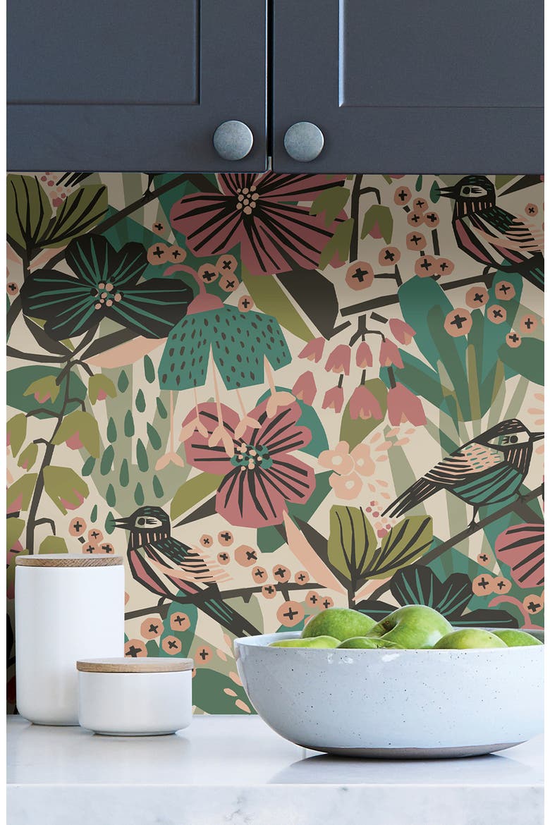 Teal Pink Jaybird Peel and Stick Wallpaper, Alternate, color, PINK