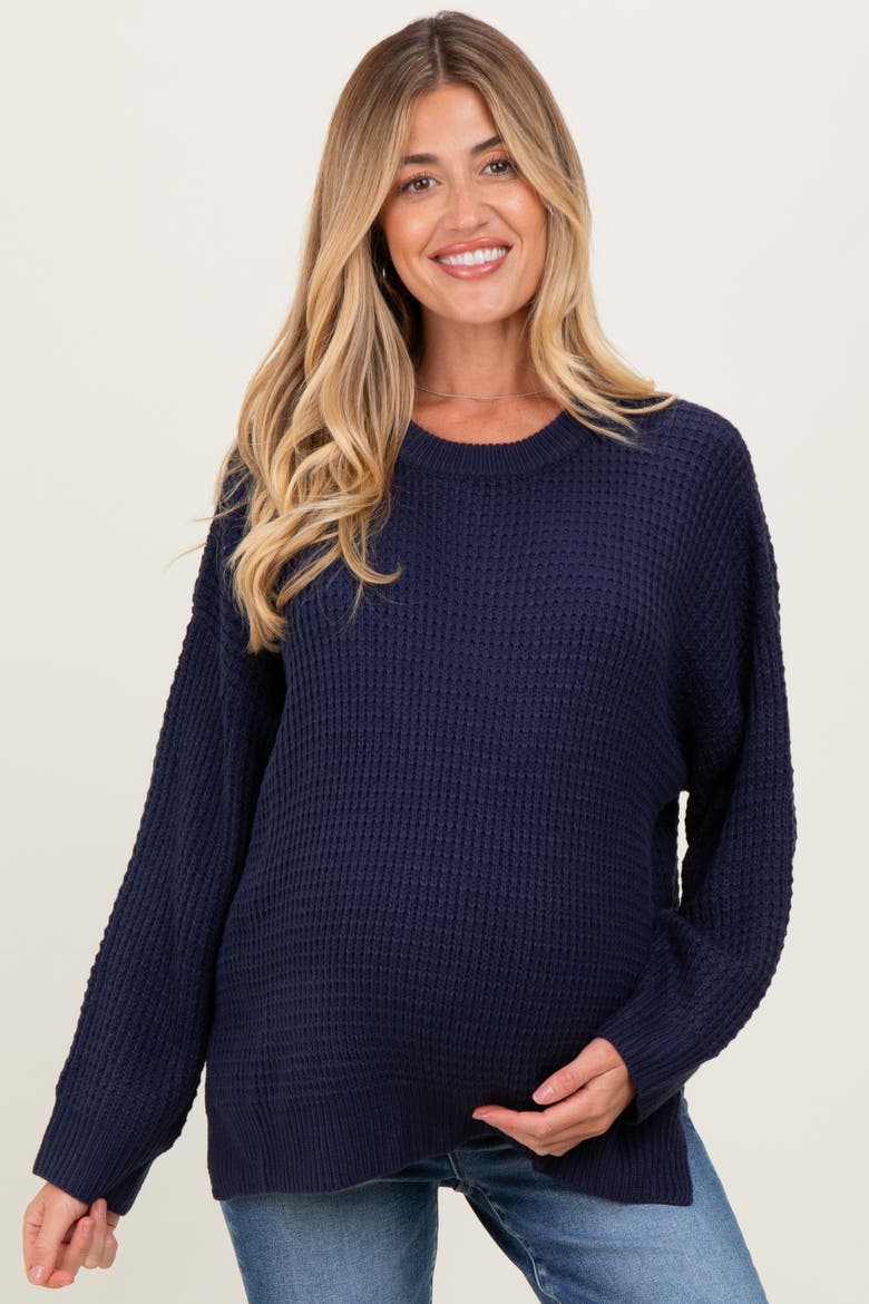 Waffle Knit Side Slit Sweater, Main, color, Navy Blue