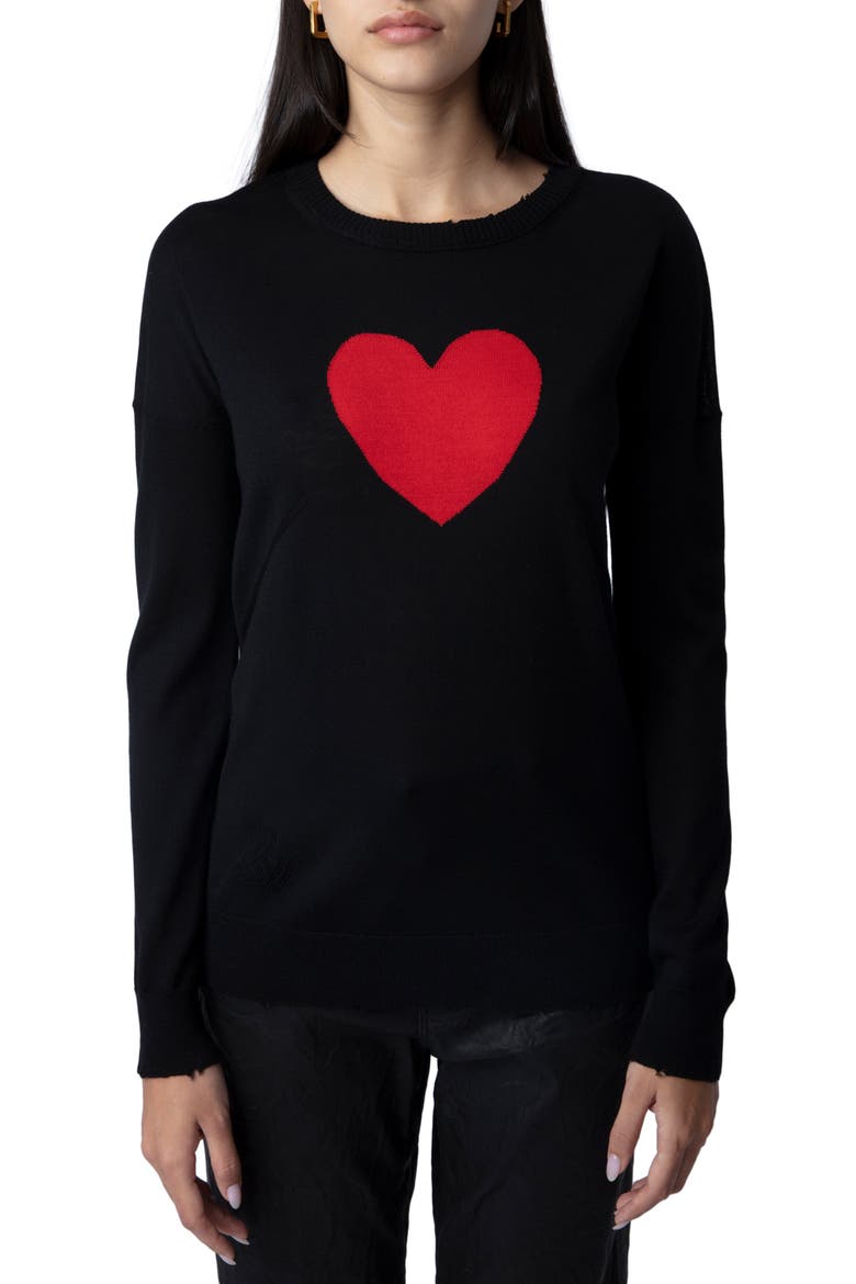 Gaby Intarsia Heart Wool Crewneck Sweater, Main, color, NOIR