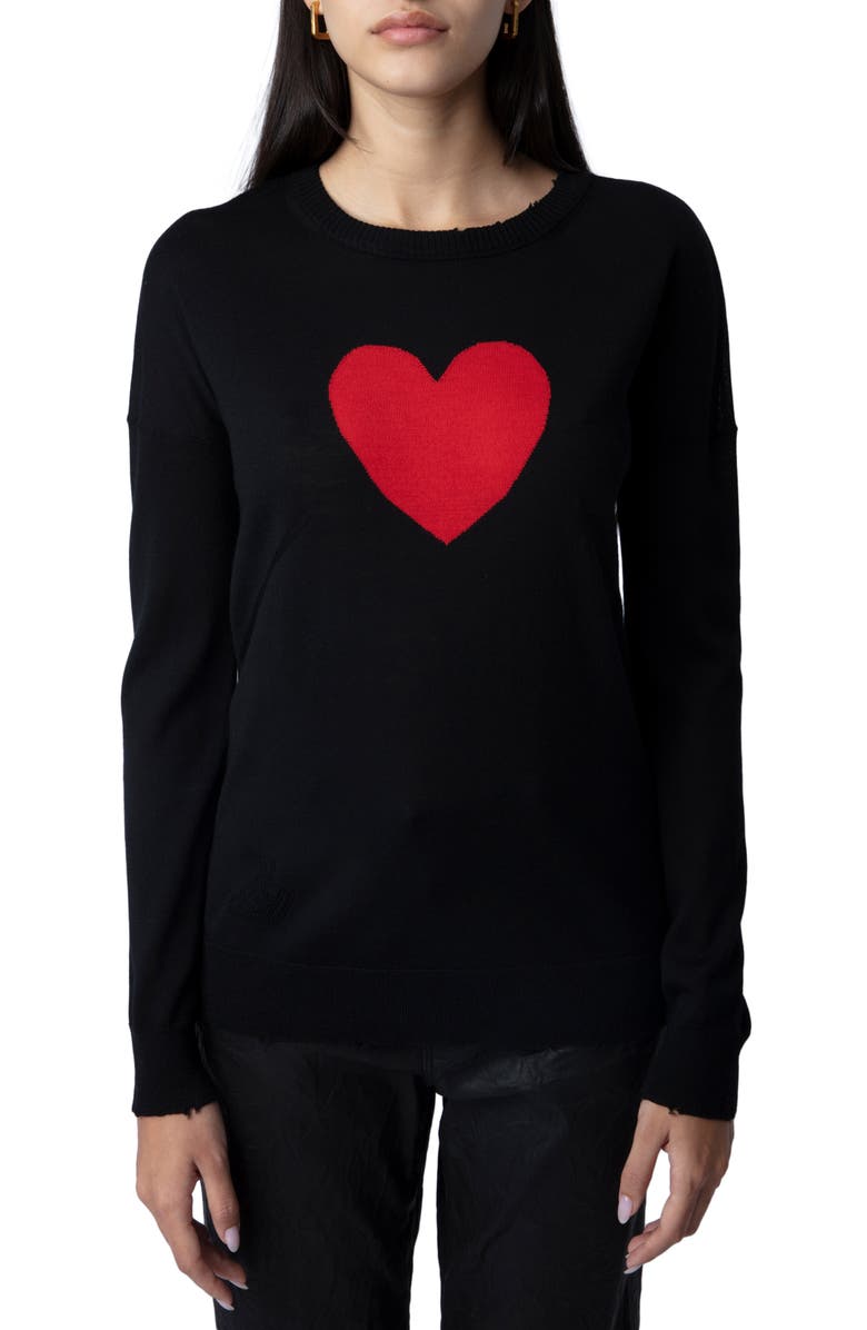 Zadig & Voltaire Gaby Intarsia Heart Wool Crewneck Sweater, Main, color, Noir