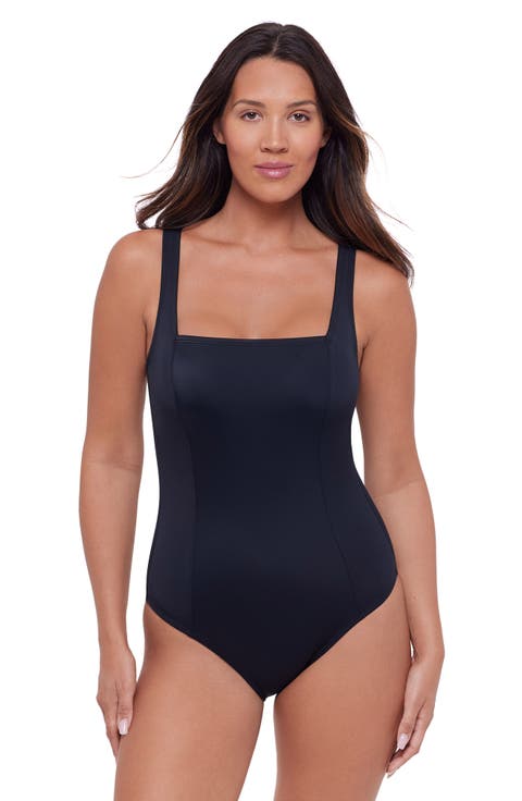 Square Neck Lace-Up Back One Piece Swimsuit