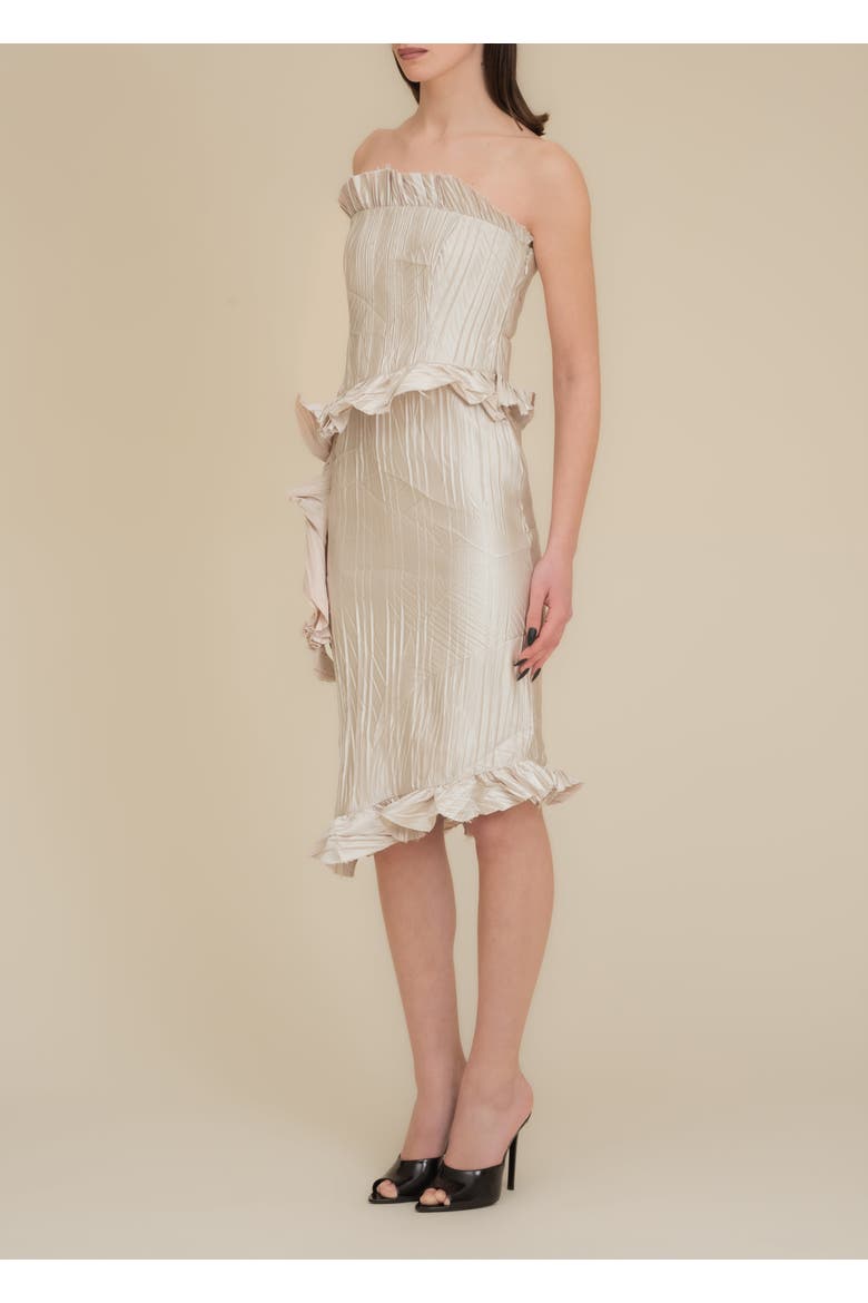 Le Fay Raw-Edged Pleated Satin Ruffle Dress, Alternate, color, Champagne