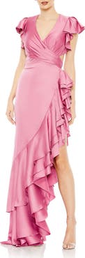 Mac Duggal Flutter Sleeve Cut Out Asymettical Ruffled Gown