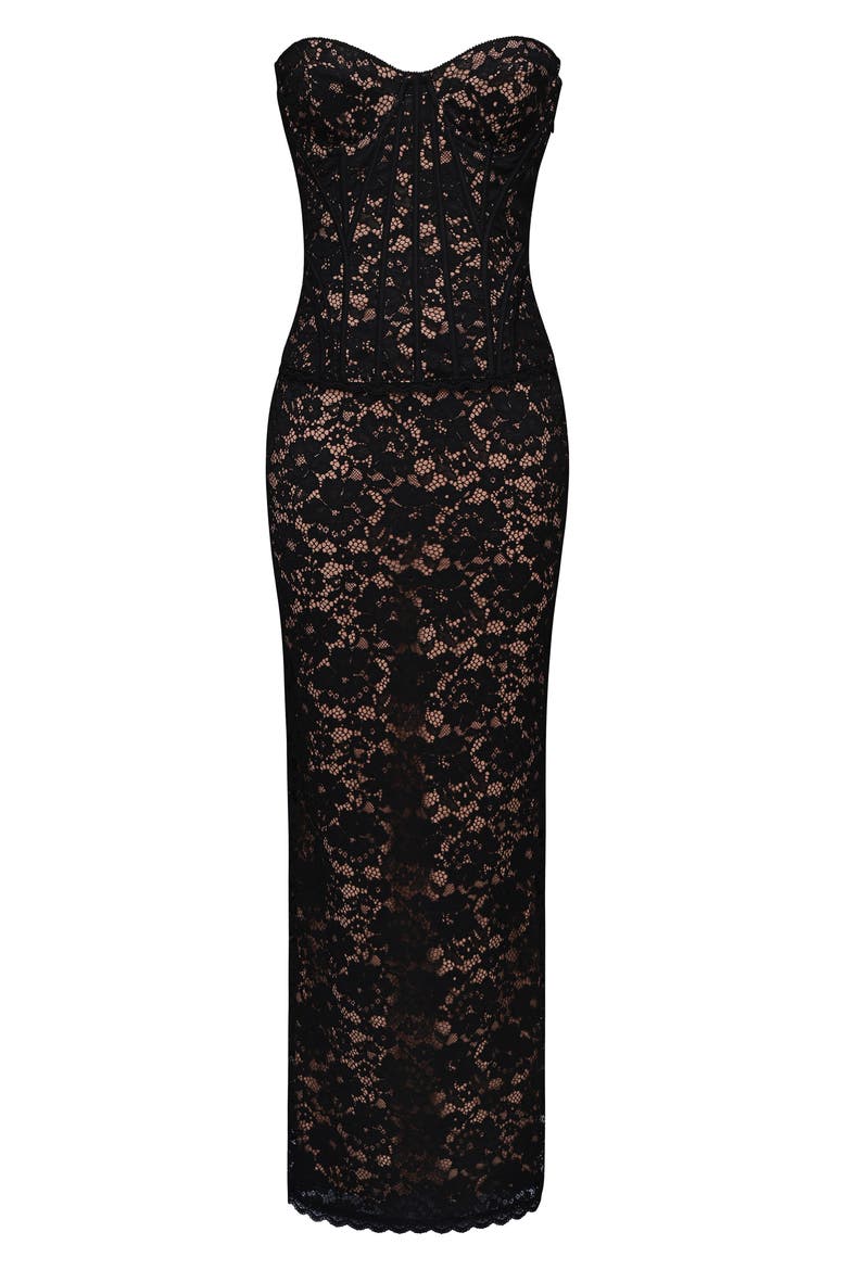 Solaine Lace-Up Strapless Lace Corset Gown, Alternate, color, BLACK AND BLUSH