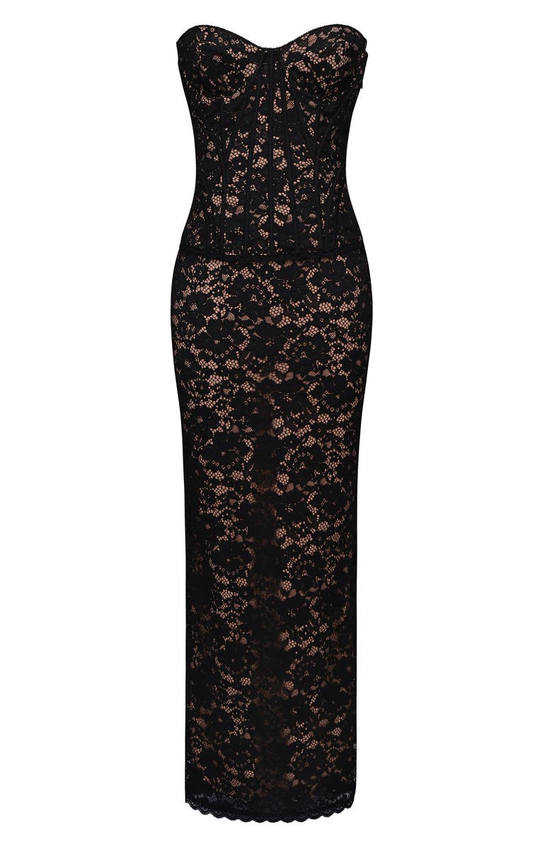 HOUSE OF CB Solaine Lace-Up Strapless Lace Corset Gown, Alternate, color, Black And Blush