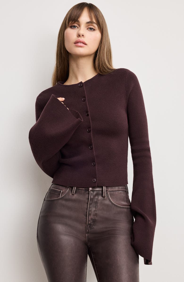 Good American Ribbed Bell Sleeve Cardigan, Alternate, color, Bark003