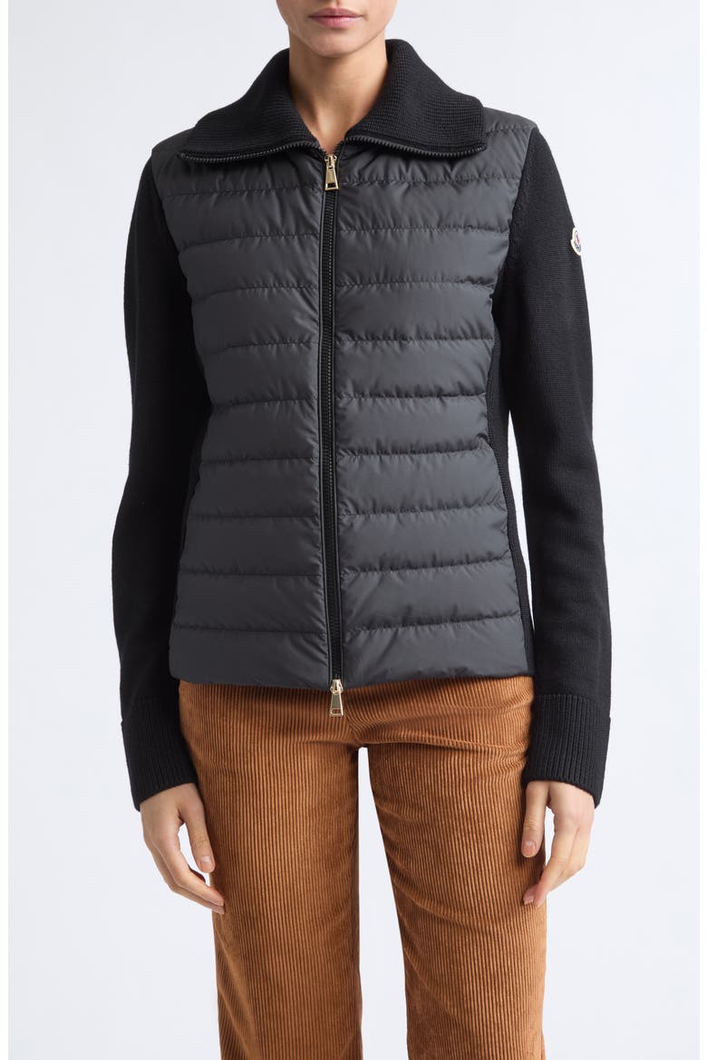 Mixed Media Quilted Zip Puffer Cardigan, Main, color, BLACK