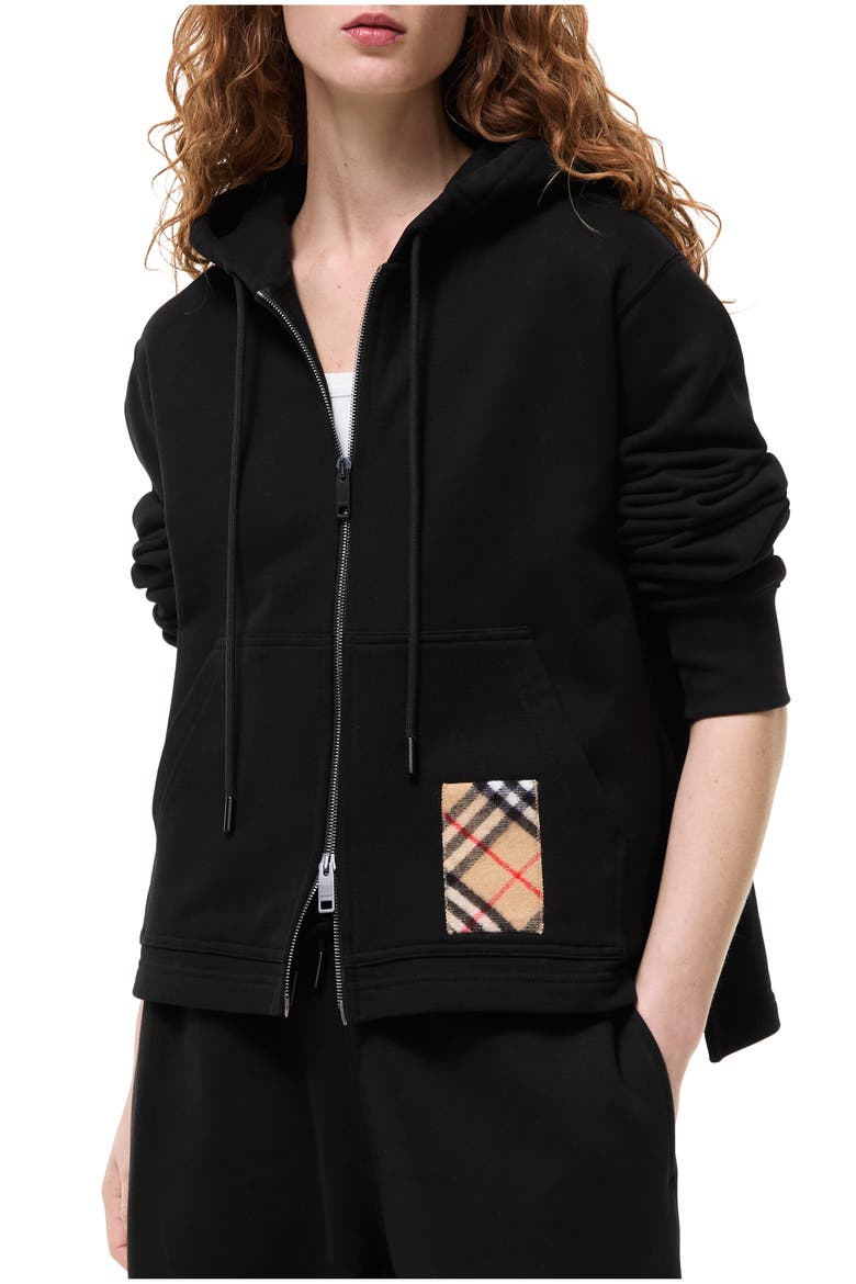 Check Label Cotton Zip Hoodie, Main, color, Black