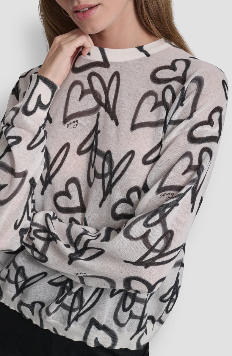 DKNY Lightweight Graffiti Heart Print Sweater, Alternate, color, Ivory Graffiti Heart