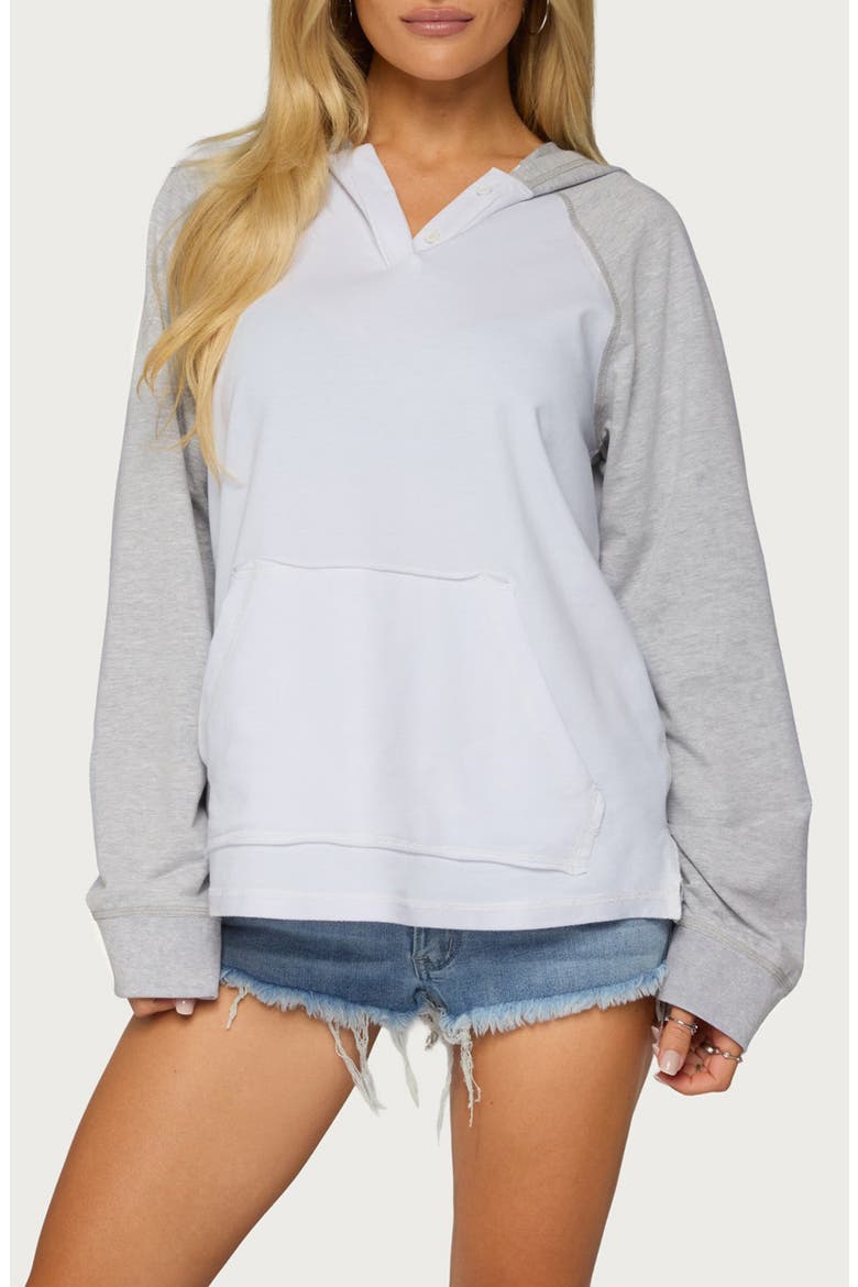 Jozie Colorblock Raglan Sleeve Hoodie Top, Main, color, WHITE-AND-GRAY