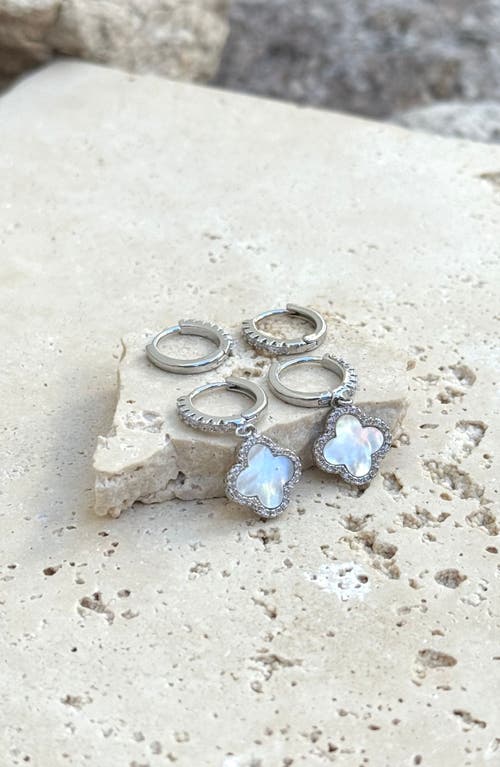 Adornia Silver Plated Halo White Mother Of Pearl Clover Cz Huggie Set In Metallic