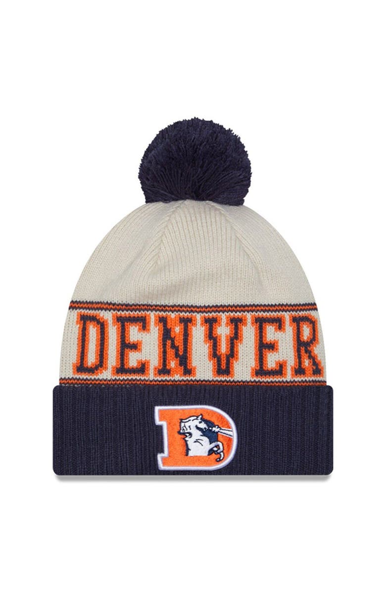 New Era Men's New Era Cream/Navy Denver Broncos 2023 Sideline Historic Pom Cuffed Knit Hat, Main, color,