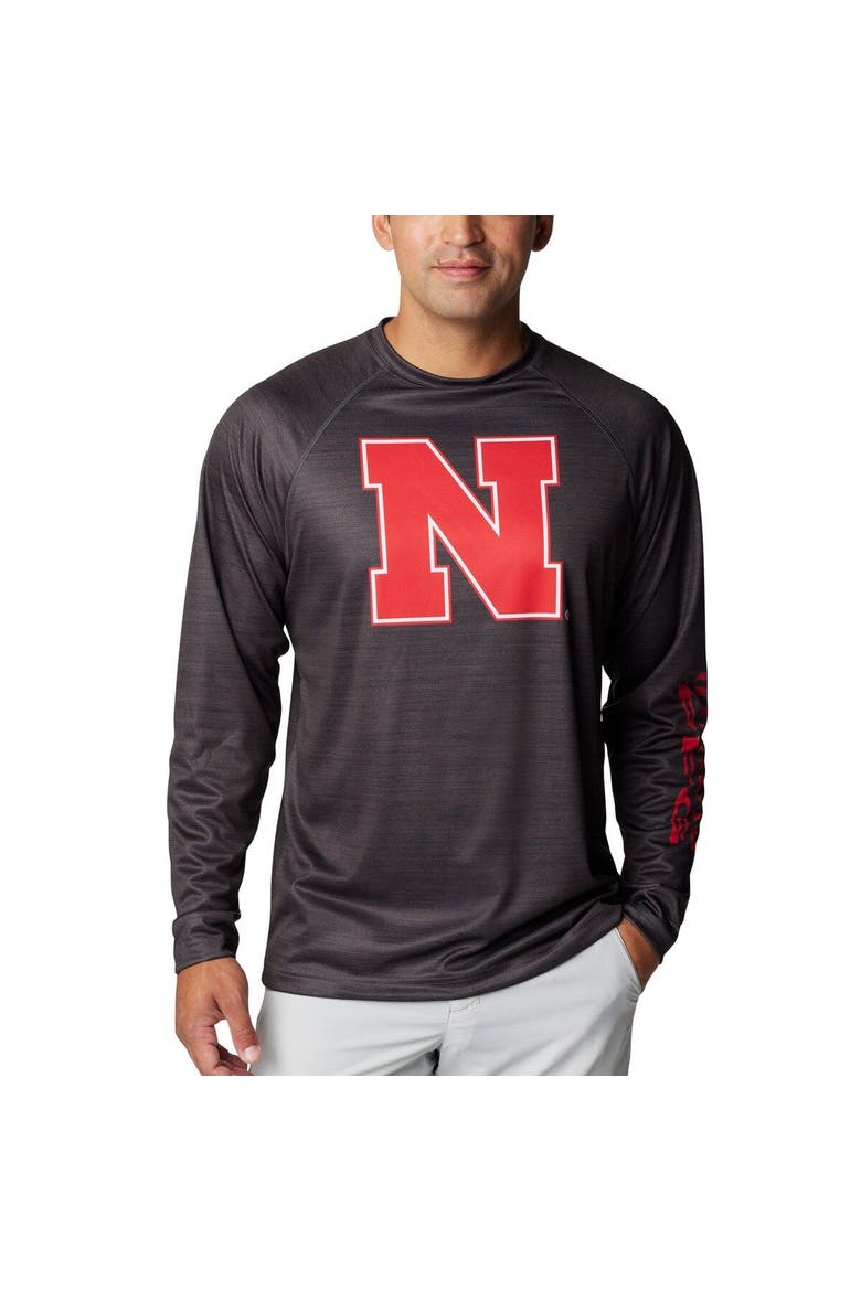 Men's Columbia  Heather Charcoal Nebraska Huskers PFG Terminal Tackle Omni-Shade Raglan Long Sleeve T-Shirt, Main, color, Heather Charcoal