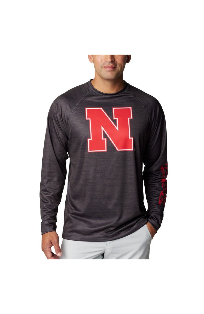 Columbia Men's Columbia Heather Charcoal Nebraska Huskers PFG Terminal Tackle Omni-Shade Raglan Long Sleeve T-Shirt, Main, color, Heather Charcoal