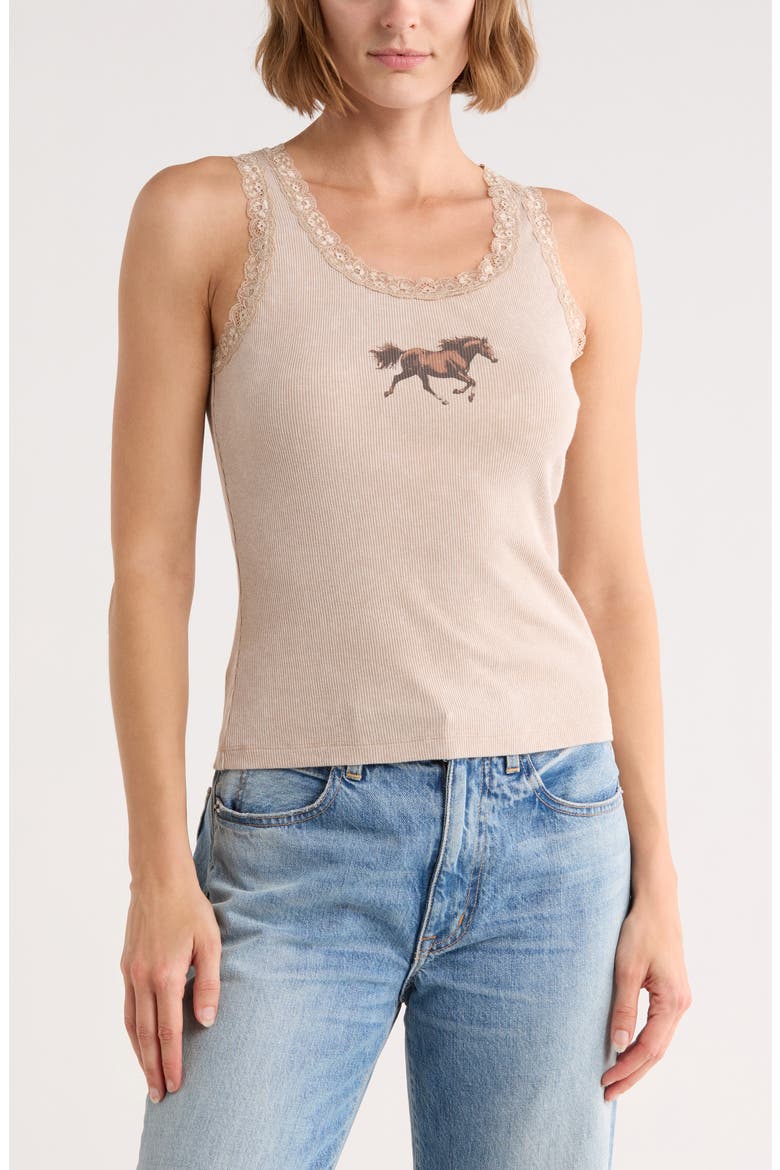 Horse Running Lace Trim Rib Graphic Tank, Main, color, NATURAL