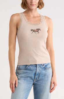 Horse Running Lace Trim Rib Graphic Tank