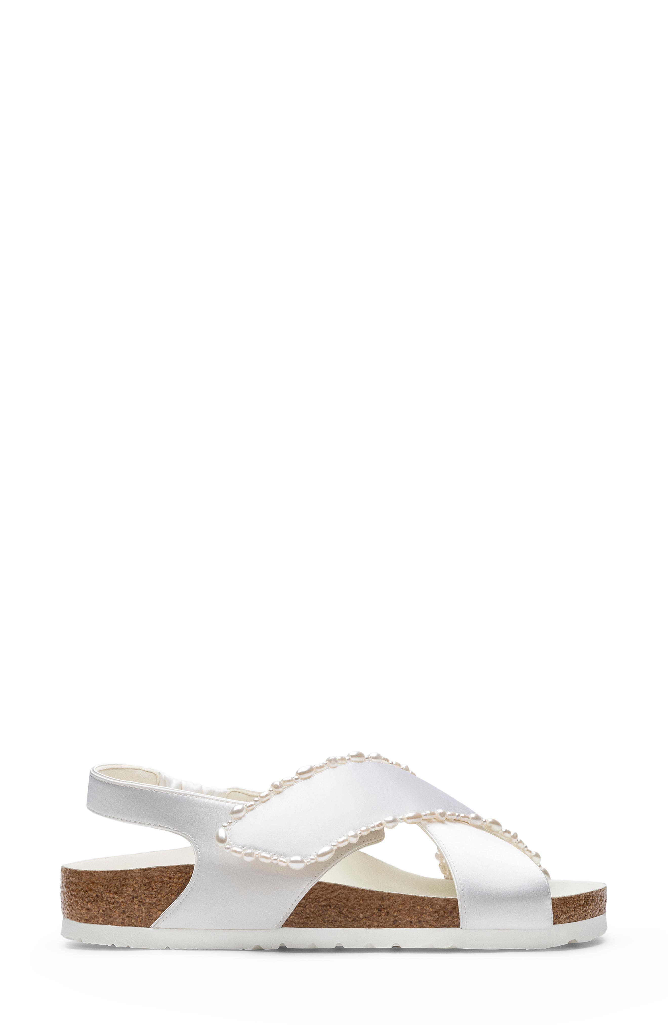 Birkenstock x Danielle Frankel x Danielle Frankel Satin & Faux Pearl Crossover Sandal, Main, color, White
