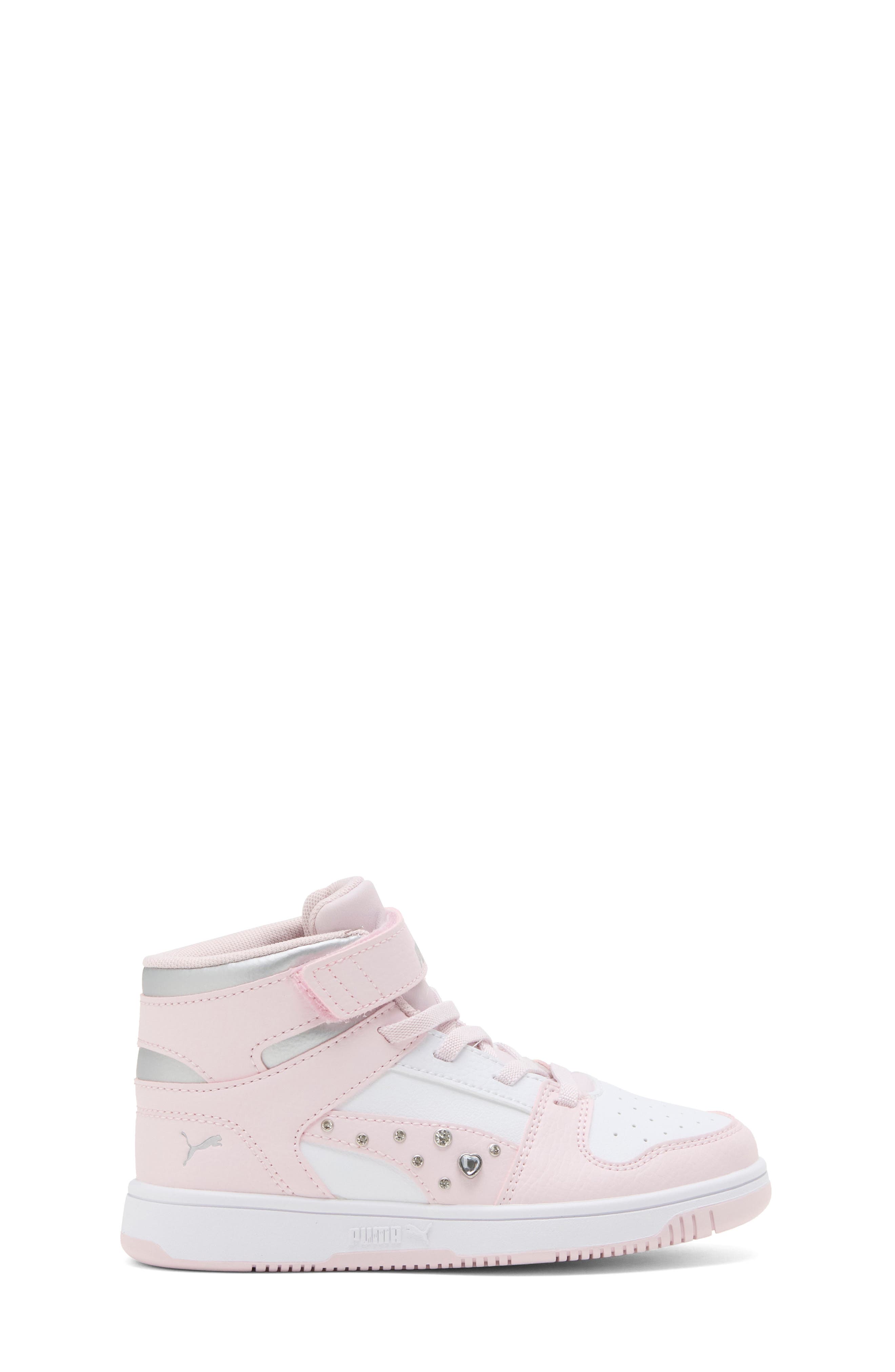 Kids' Rebound Layup Rhinestone High Top Sneaker, Alternate, color, PUMA WHITE/ PINK/ SILVER