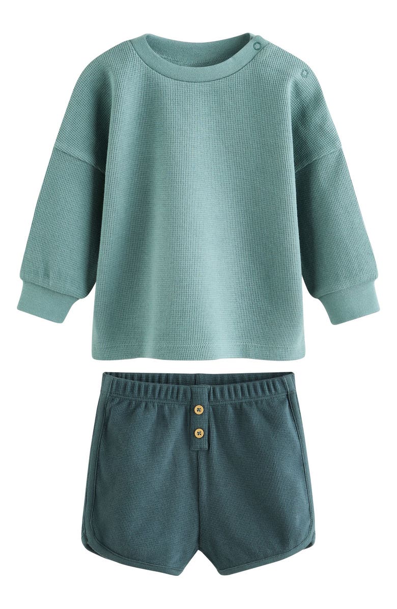 NEXT Waffle Knit Sweatshirt & Shorts Set, Main, color, Green