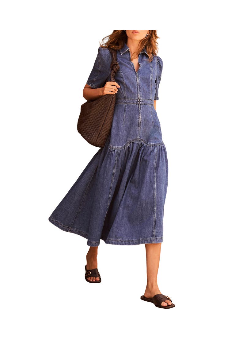 Puff Sleeve Denim Midi Dress, Main, color, Blue