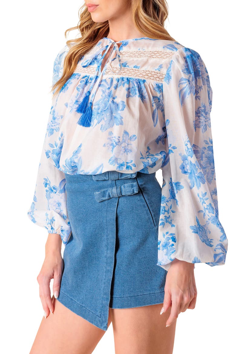 Lace Trim Split Neck Top, Alternate, color, IVORY BLUE