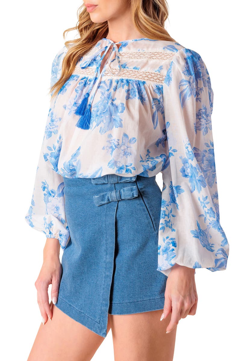 FLYING TOMATO Lace Trim Split Neck Top, Alternate, color, Ivory Blue