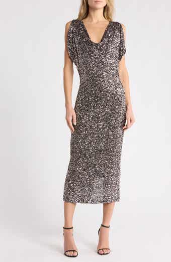 Rumia Sequined Cowl Neck Midi Dress