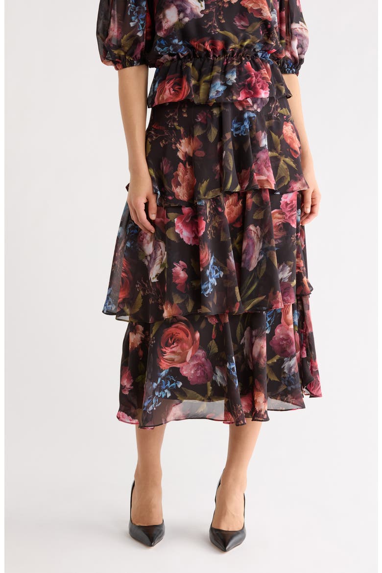 Tiered Print Skirt, Main, color, BLACK ROSE PRINT