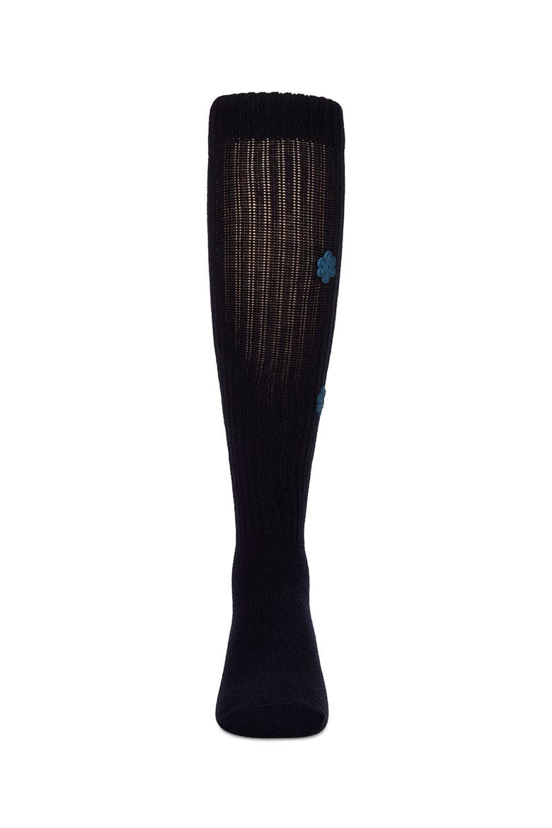 Ribbed Knee High Sock with 3D Rubber Flower Accents, Alternate, color, Navy