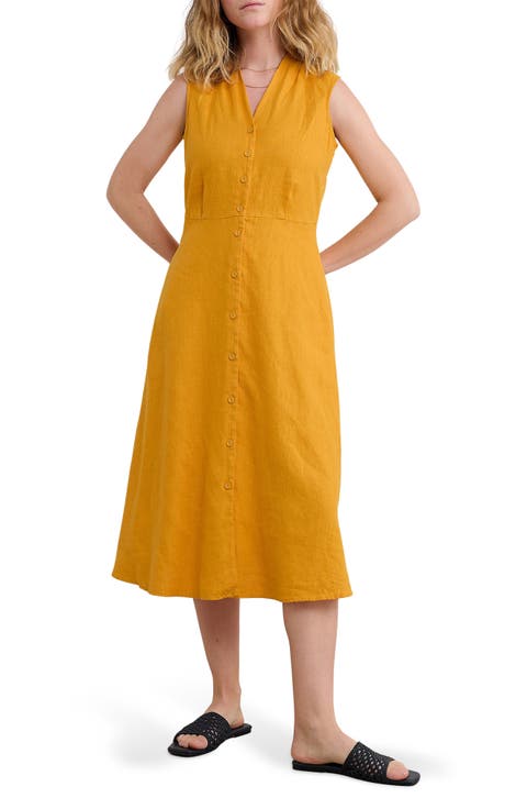 Carved Wood Sleeveless Linen Midi Dress