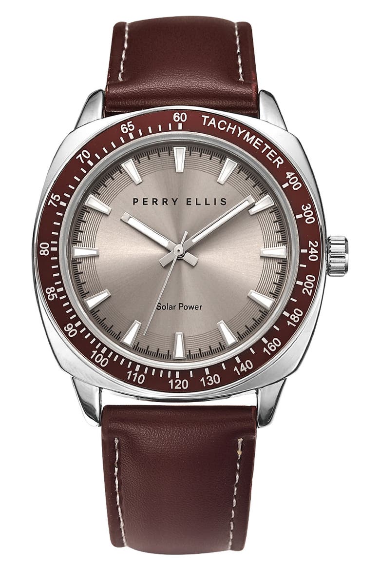 Solar Leather Strap Watch, 41mm, Main, color, SILVER
