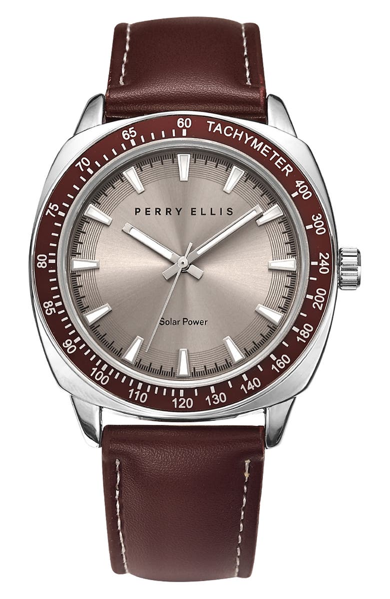 Perry Ellis Solar Leather Strap Watch, 41mm, Main, color, Silver