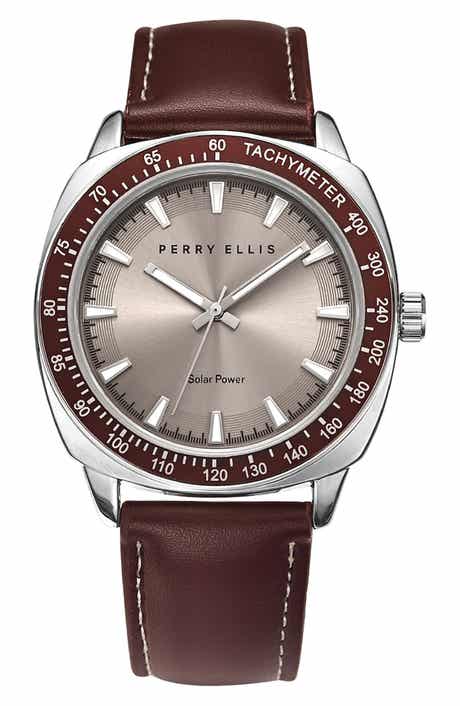 Perry Ellis Solar Leather Strap Watch, 41mm